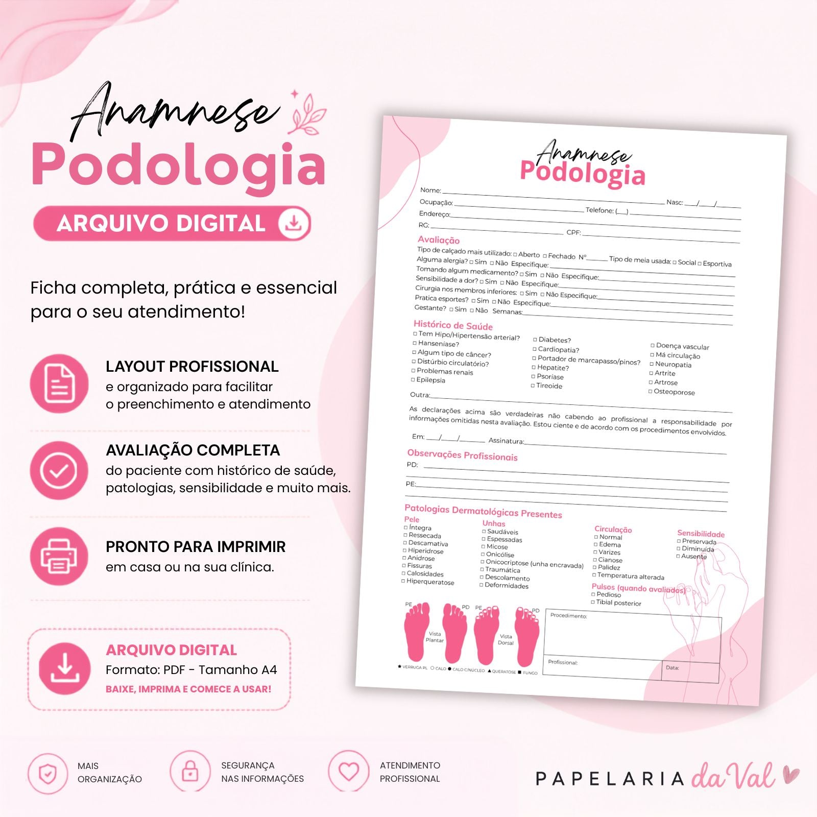 Ficha de Anamnese para Podologia em PDF – Arquivo Digital para Imprimir (Tamanho A4)
